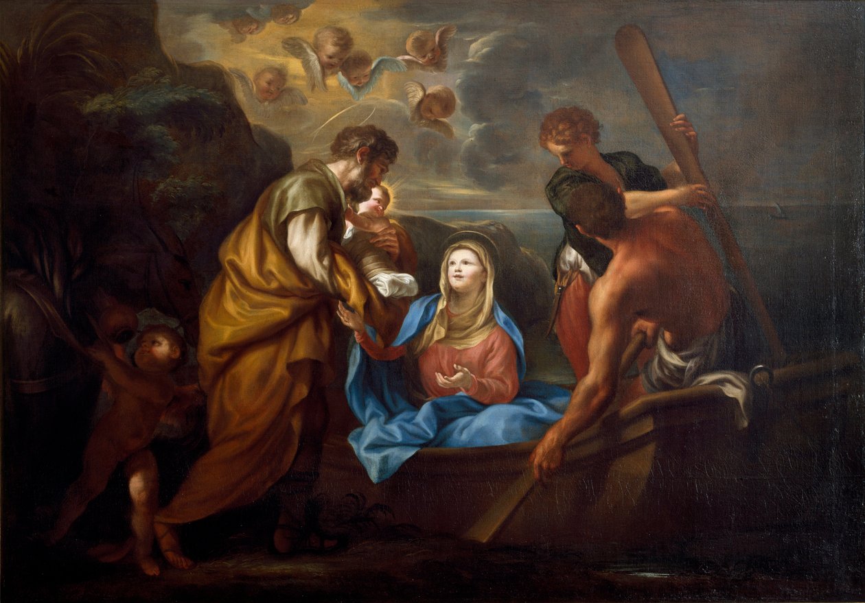 O voo para o Egipto A santa família embarca num barco. Pintura de Anton Maria Piola (1654-1715) Collezione Banca Carige Genes de Anton Maria Piola