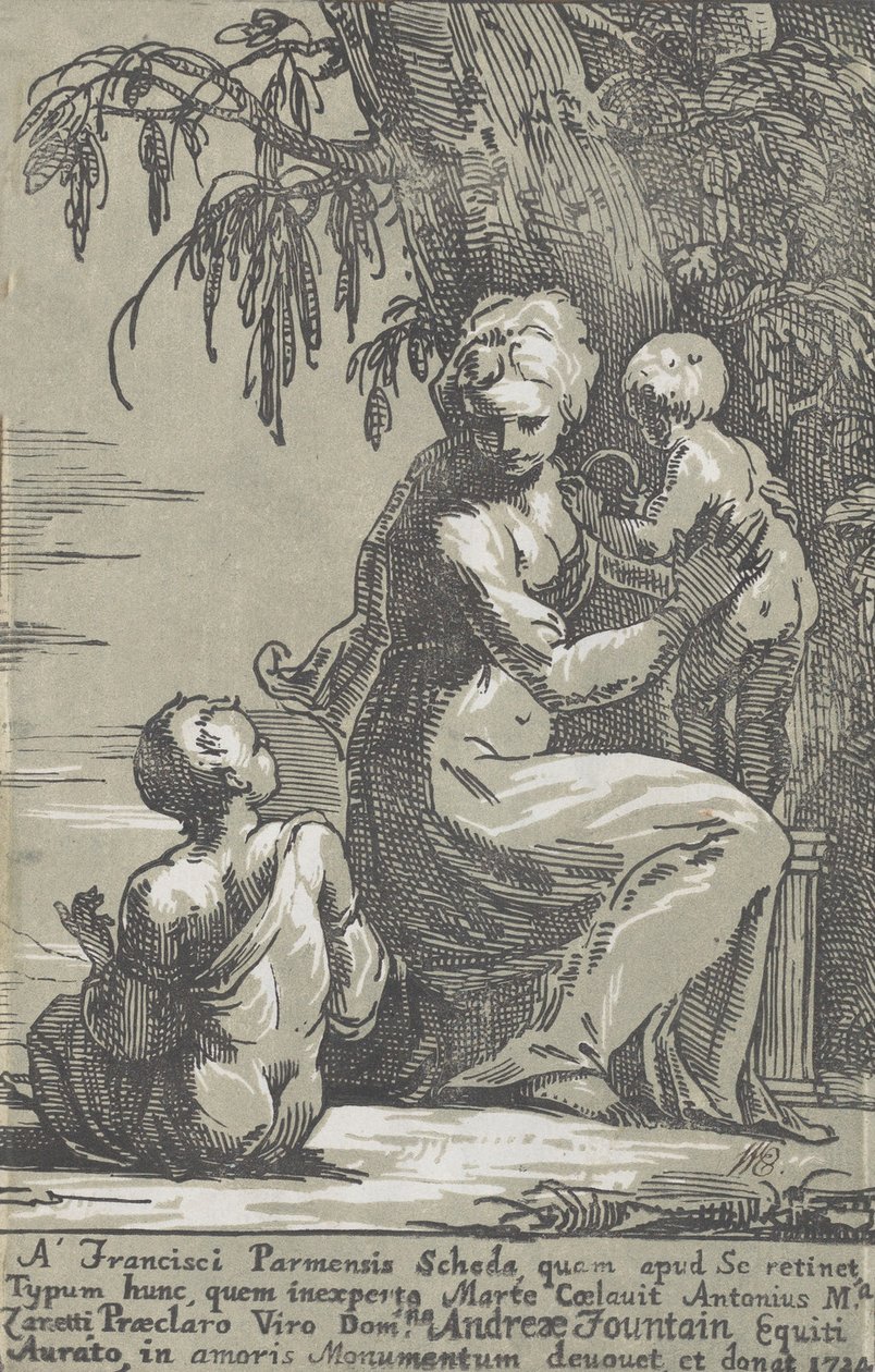 Uma mulher de pé ao pé de uma árvore segurando um bebê, com um menino sentado, 1724. de Anton Maria Zanetti