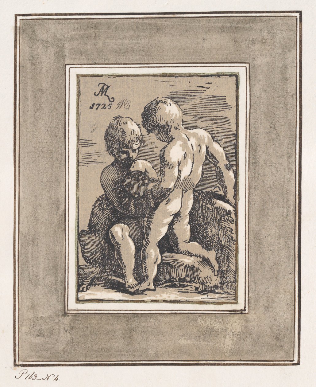 Duas crianças brincando com um cordeiro, 1725. de Anton Maria Zanetti