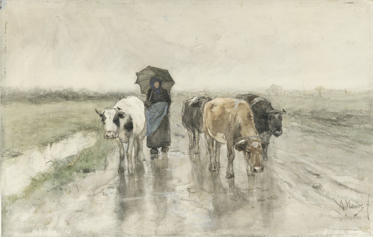 Uma pastora com vacas em uma estrada rural na chuva A esposa de um fazendeiro com vacas em uma estrada rural na chuva de Anton Mauve