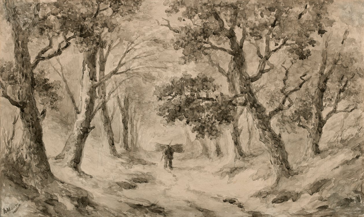Um coletor de madeira na floresta (tinta marrom e papel brilhante) de Anton Mauve