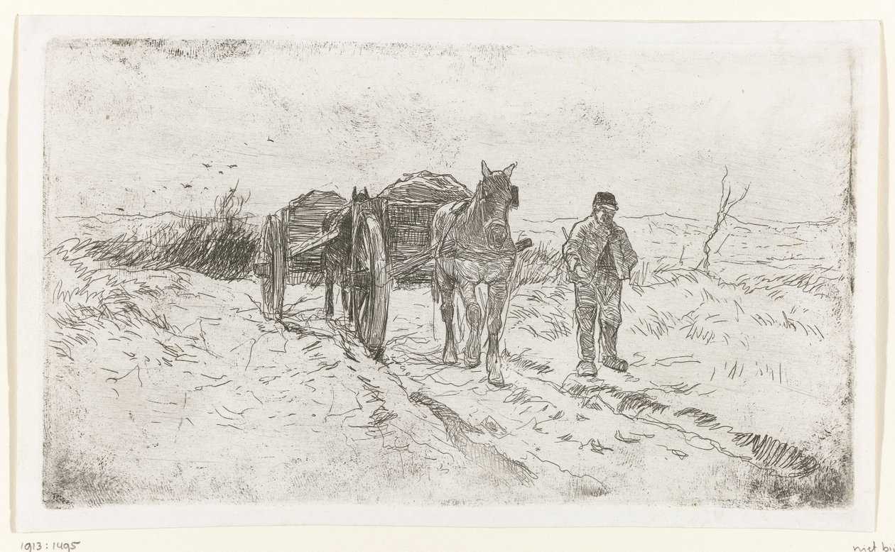 Agricultor ao lado de duas carroças puxadas por cavalos de Anton Mauve
