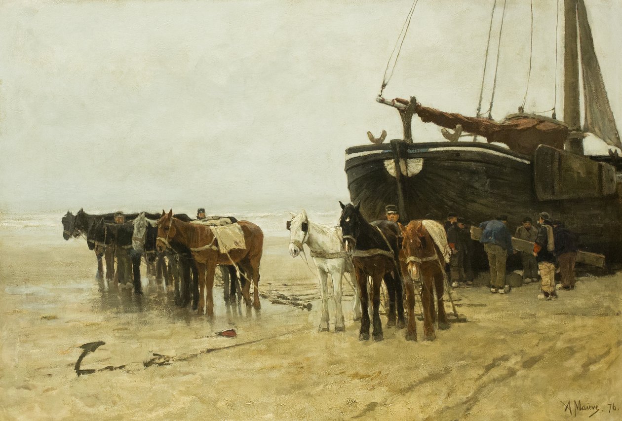 Holandês: Bomschuit com cavalos de reboque na praia de Scheveningen Barco de pesca com cavalos de reboque na praia de Scheveningen de Anton Mauve