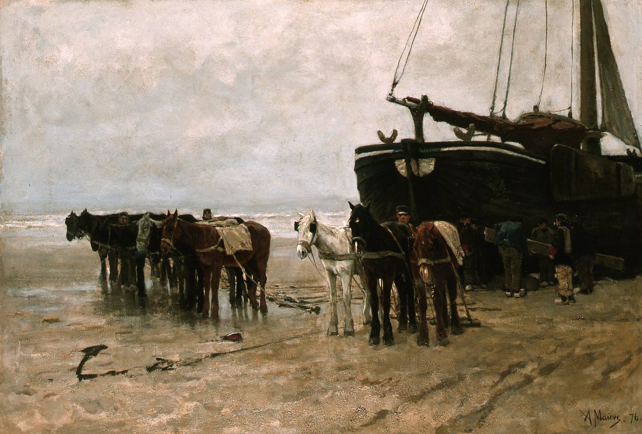 Holandês: Bomschuit com cavalos de reboque na praia de Scheveningen Barco de pesca com cavalos de reboque na praia de Scheveningen de Anton Mauve