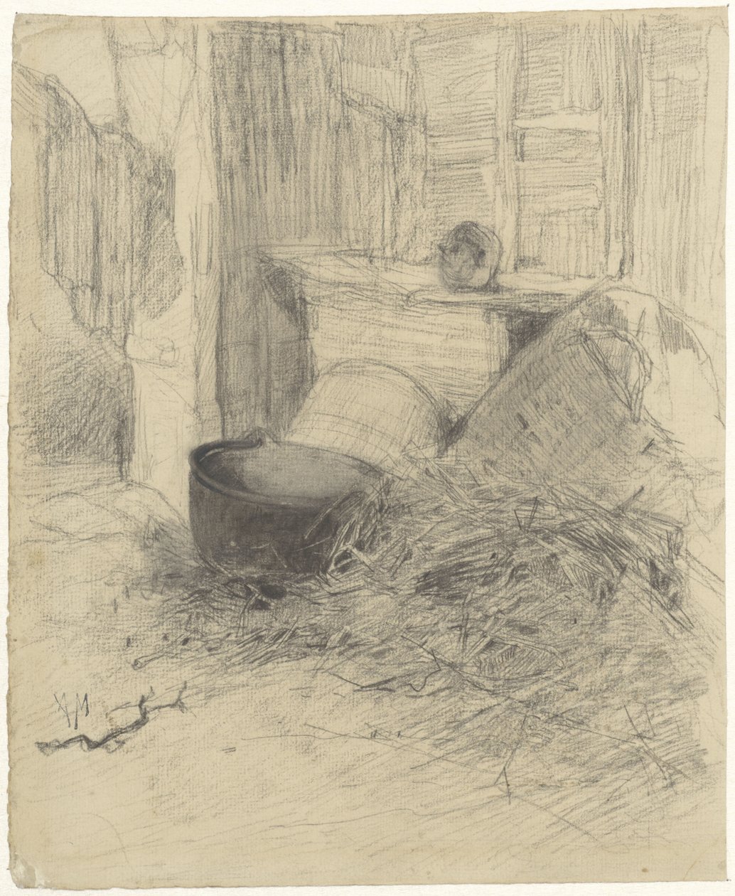 Interior de um celeiro com palha e vários objectos de Anton Mauve