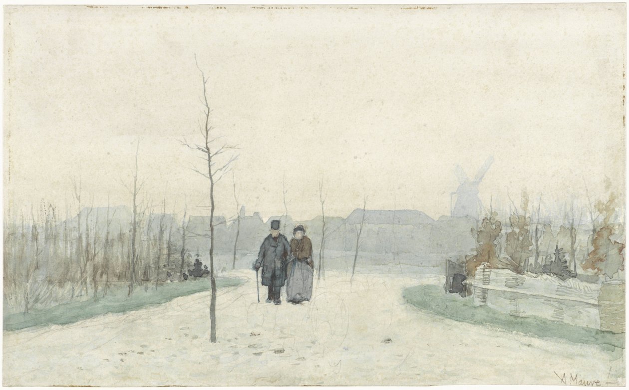 Casal de idosos num parque recentemente ajardinado de Anton Mauve
