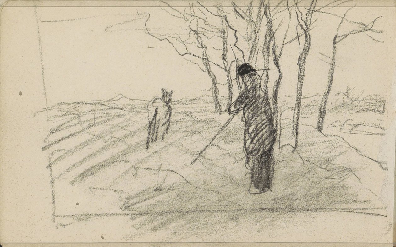 Homem de pé com um pau e um animal num campo lavrado de Anton Mauve