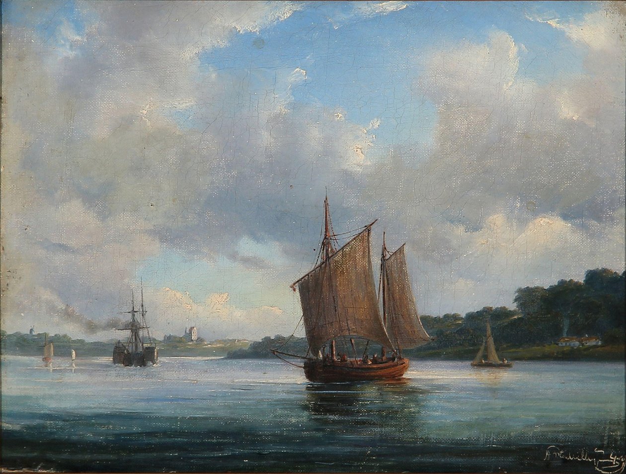 Cena do fiorde com barcos de pesca e um navio a vapor de Anton Melbye