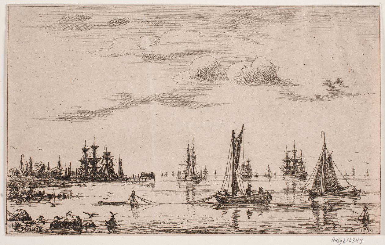 Navios e barcos em clima calmo na costa de Anton Melbye