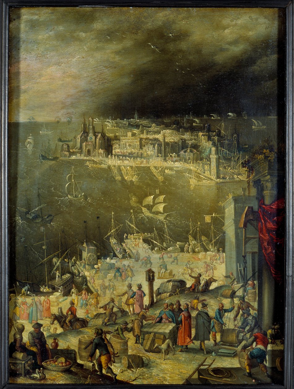 Vista de um porto marítimo Representação de actividades comerciais, descarga de mercadorias, transacções nas docas do porto. Pintura atribuída a Anton Mozart (1573-1625), Sun. 0,3x0,22 m paris, musee du Louvre de Anton Mozart