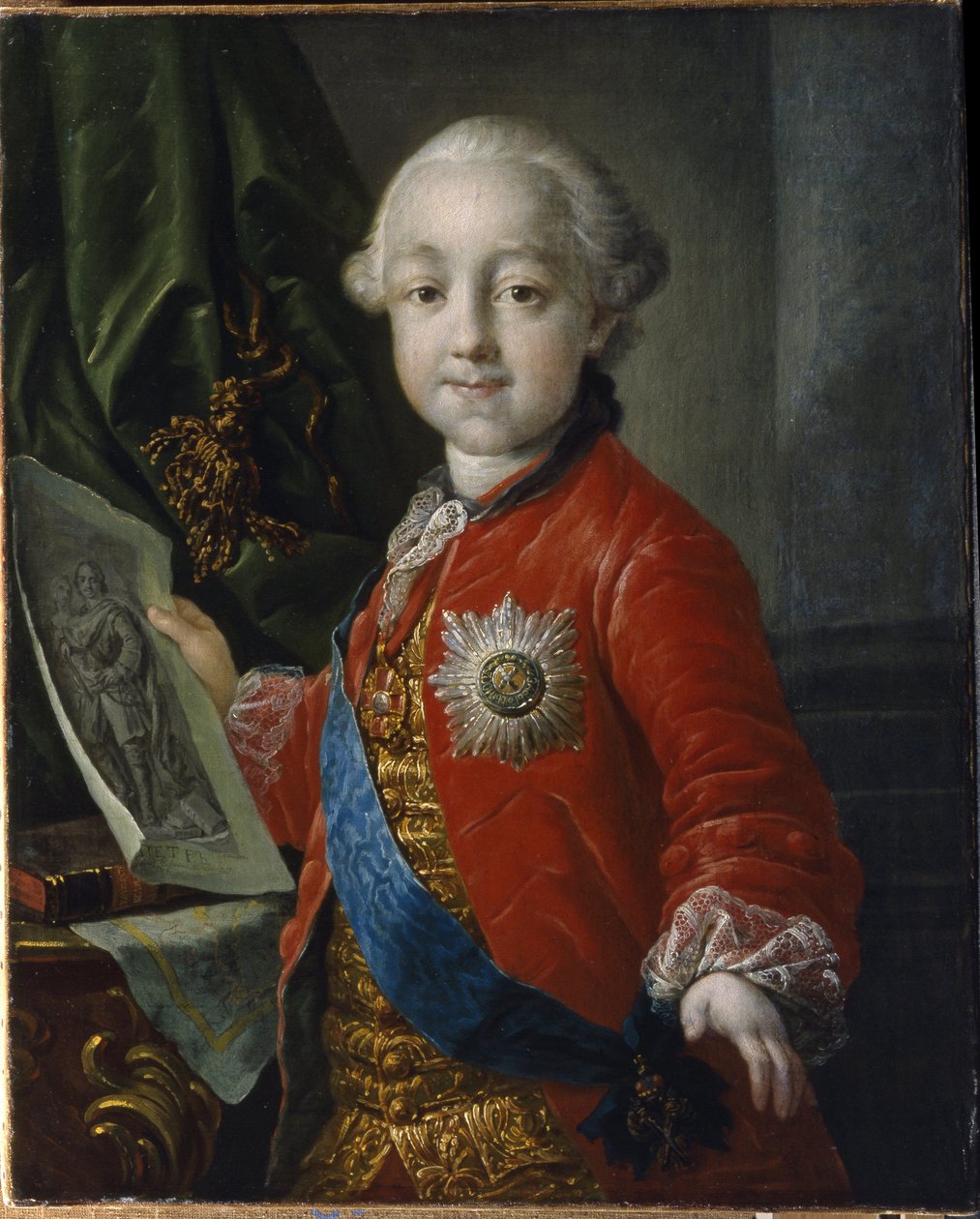 Retrato do Grão-Duque Pavel Petrovich Romanov (1754-1801), enfant (Retrato do Grão-Duque Pavel Petrovich quando criança). Empereur de Russie de 1796 a 1801. Peinture de Anton Pavlovich Losenko (1737-1773), huile sur toile de Anton Pavlovich Losenko