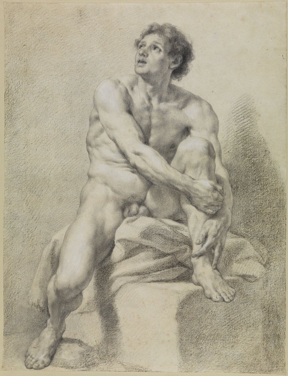 Nu masculino sentado, quase de frente, com a perna esquerda levantada e segurada com ambas as mãos de Anton Raphael Mengs