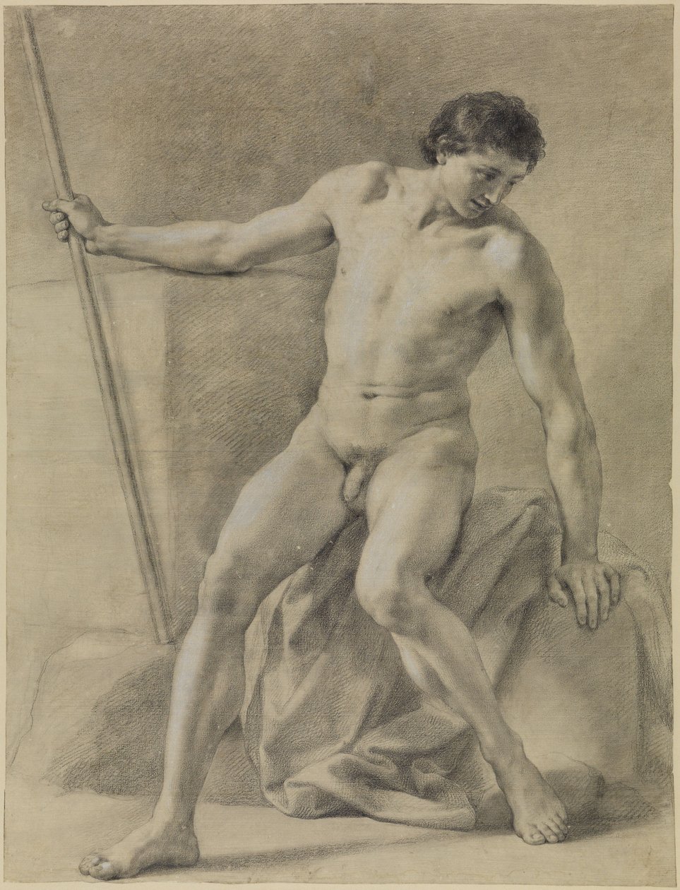 Nu masculino sentado, quase frontal, bastão na mão direita, olhando para baixo de Anton Raphael Mengs