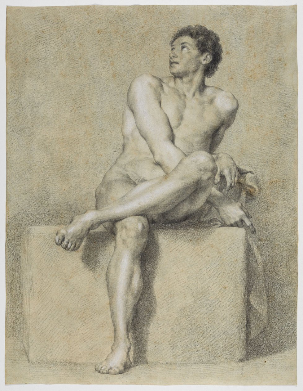 Nu masculino sentado, de frente, com a perna esquerda cruzada sobre a direita, olhando para cima de Anton Raphael Mengs