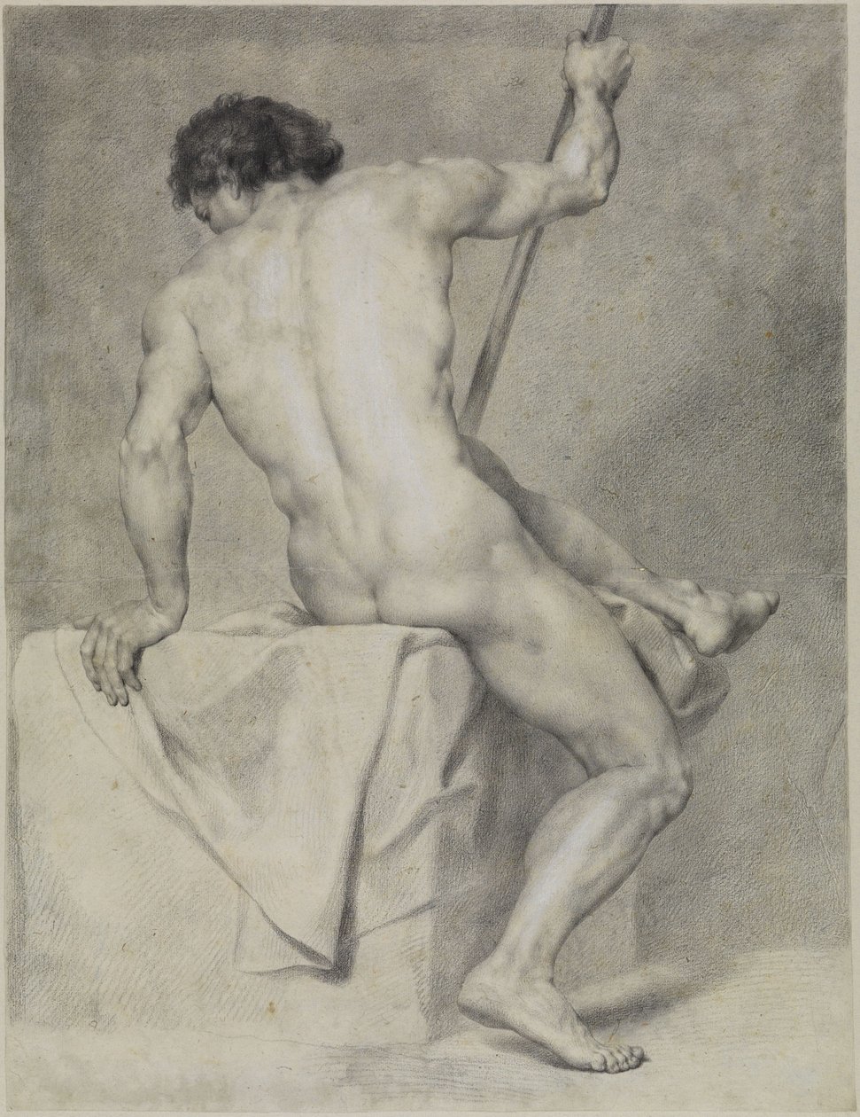 Nu masculino sentado, visto de costas, apoiando-se na mão esquerda e segurando um bastão na direita de Anton Raphael Mengs
