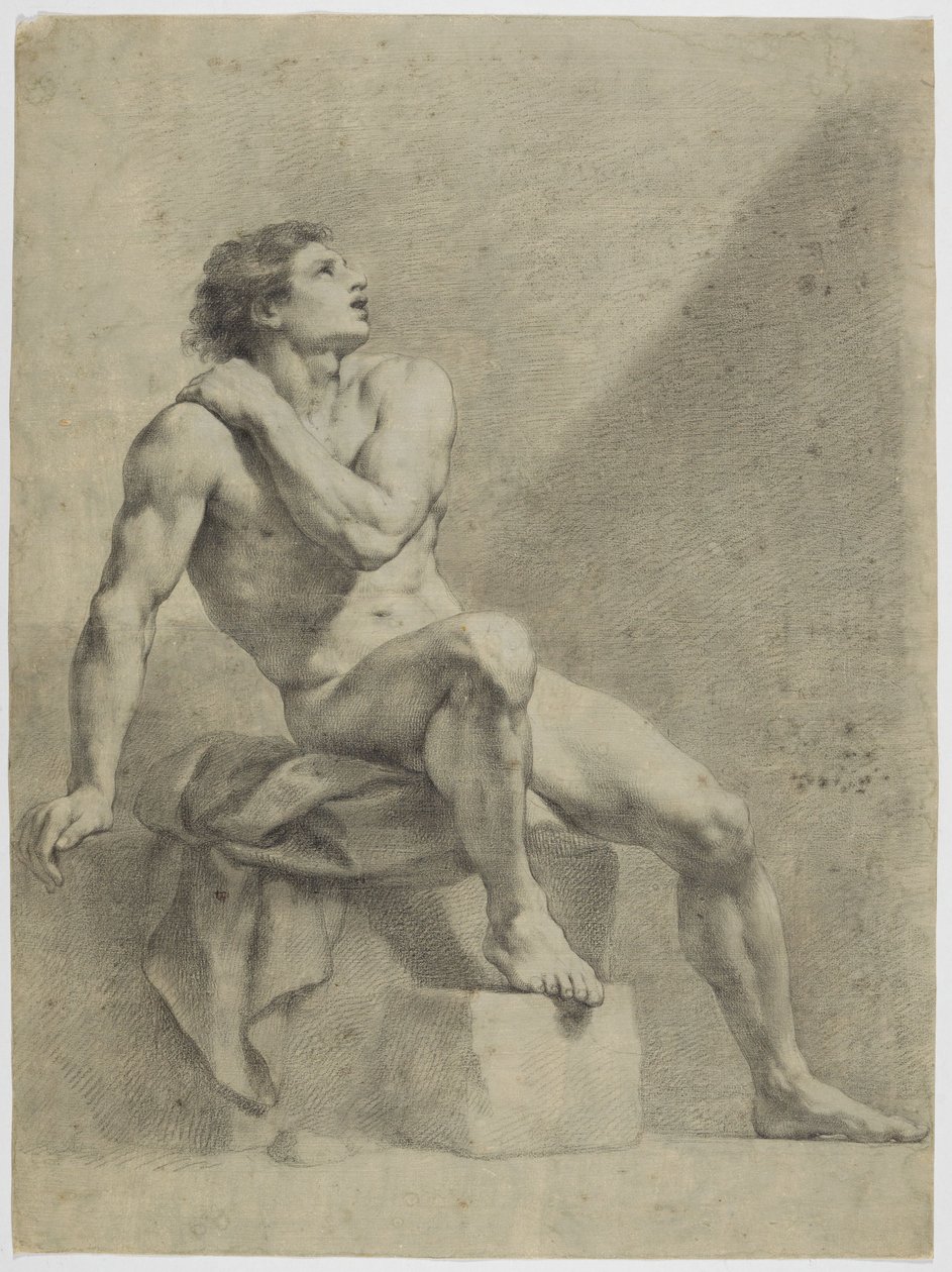 Nu masculino sentado, virado ligeiramente para a direita, a olhar para cima de Anton Raphael Mengs