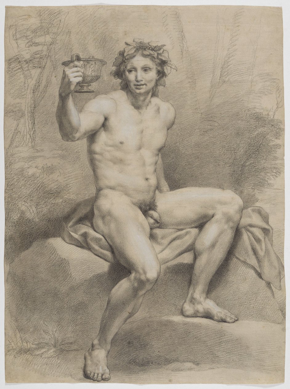 Nu masculino sentado, virado ligeiramente para a direita, com uma coroa de folhas de videira e uma taça na mão direita de Anton Raphael Mengs