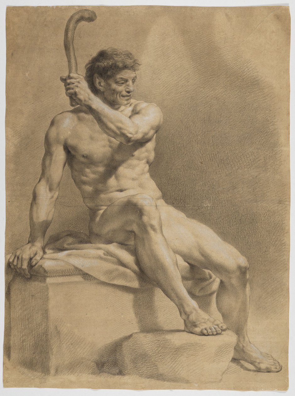 Nu masculino sentado, virado obliquamente para a direita, erguendo uma pequena maça com a mão esquerda de Anton Raphael Mengs