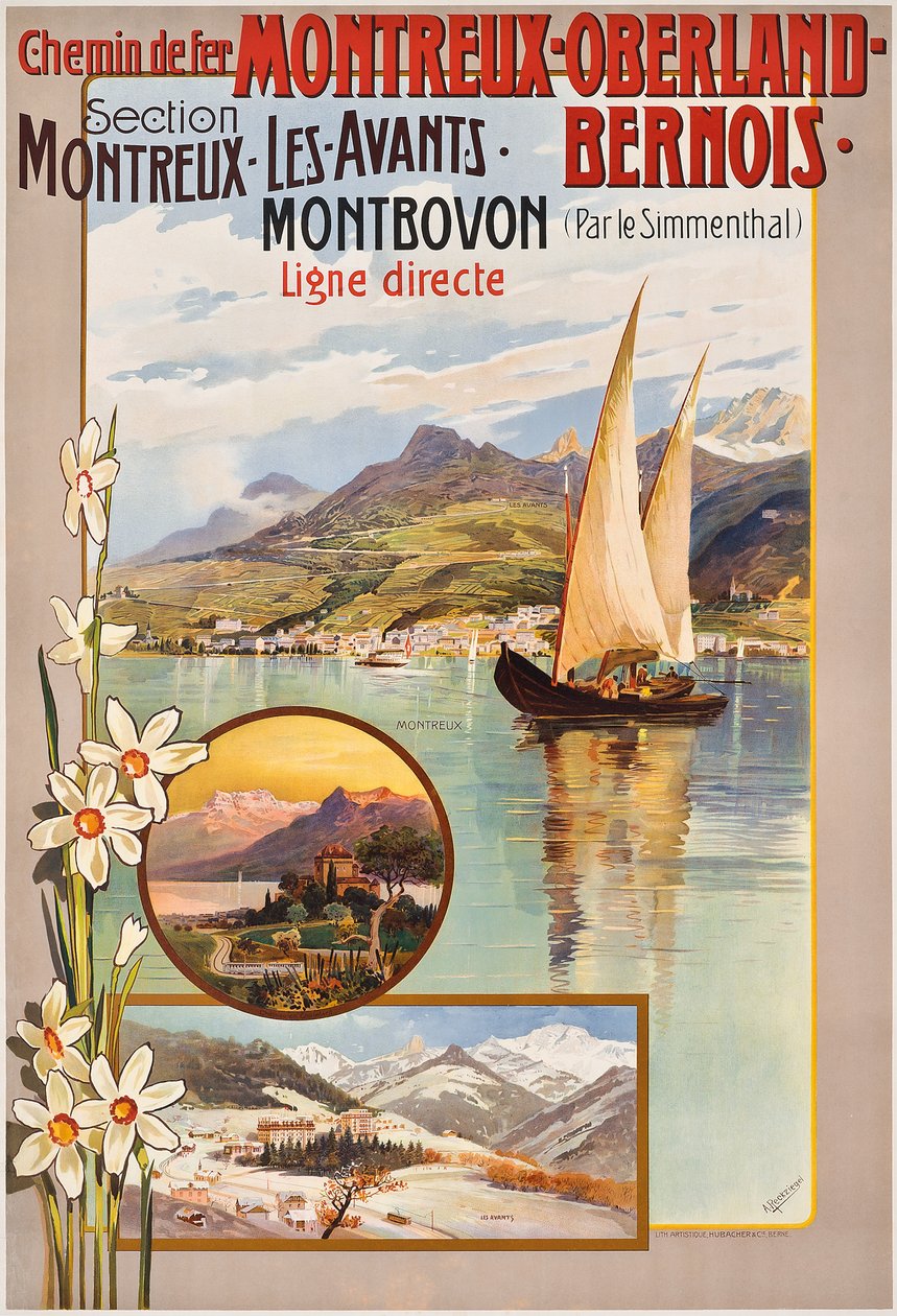 Cartaz de propaganda das viagens de trem Montreux-Oberland-Bernois, c. 1910 (cor litográfica) de Anton Reckziegel