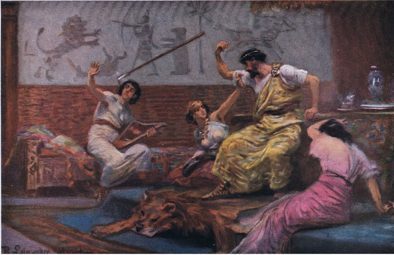 Saul lança sua lança para David, de Hulberts História da Bíblia publicada por The John Winston Company, 1932 de Anton Robert Leinweber