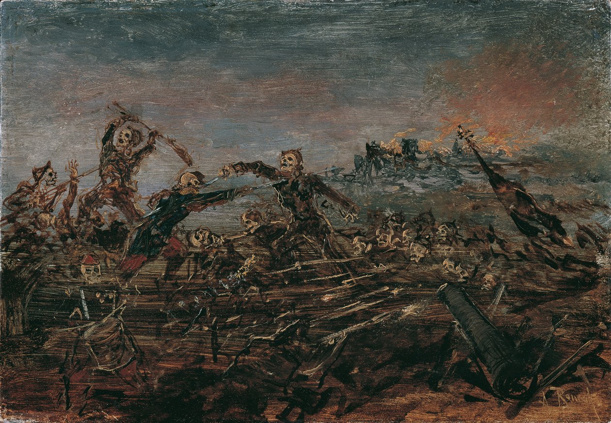 Dança da morte no campo de batalha em frente às ruínas em chamas, 1882-1885. de Anton Romako