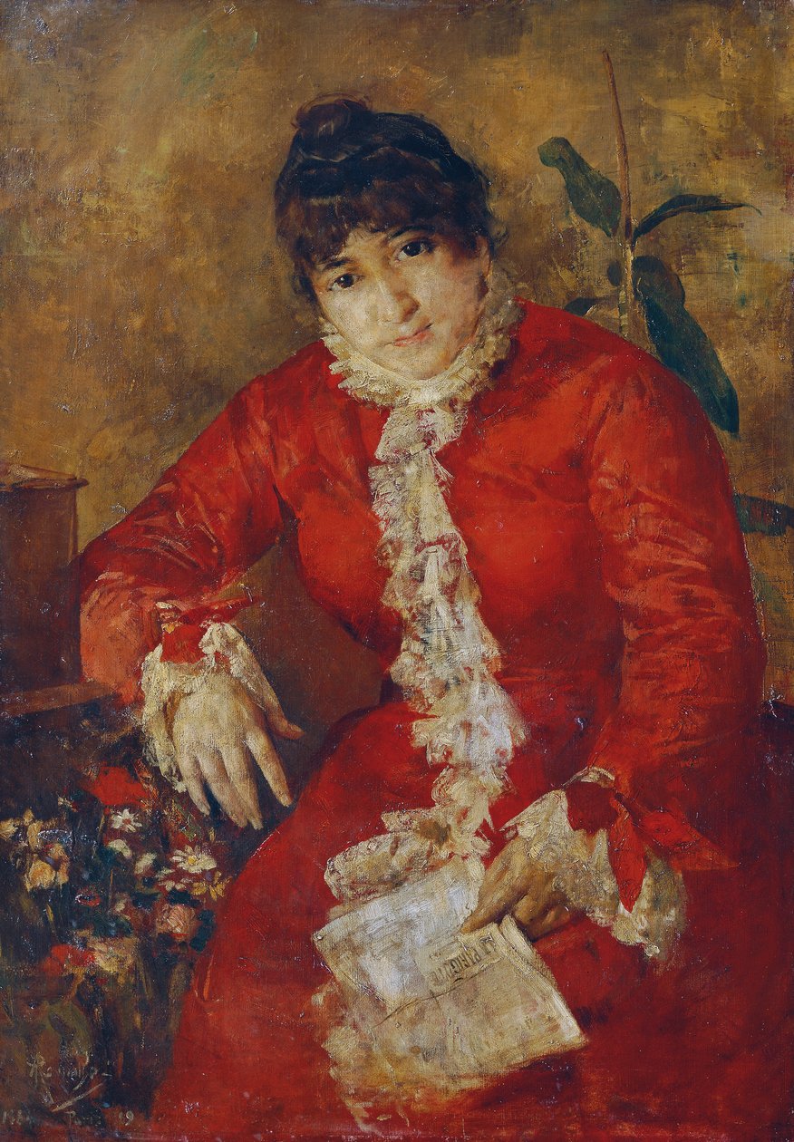 Mulher de vestido escarlate com folha de jornal e ficus de Anton Romako