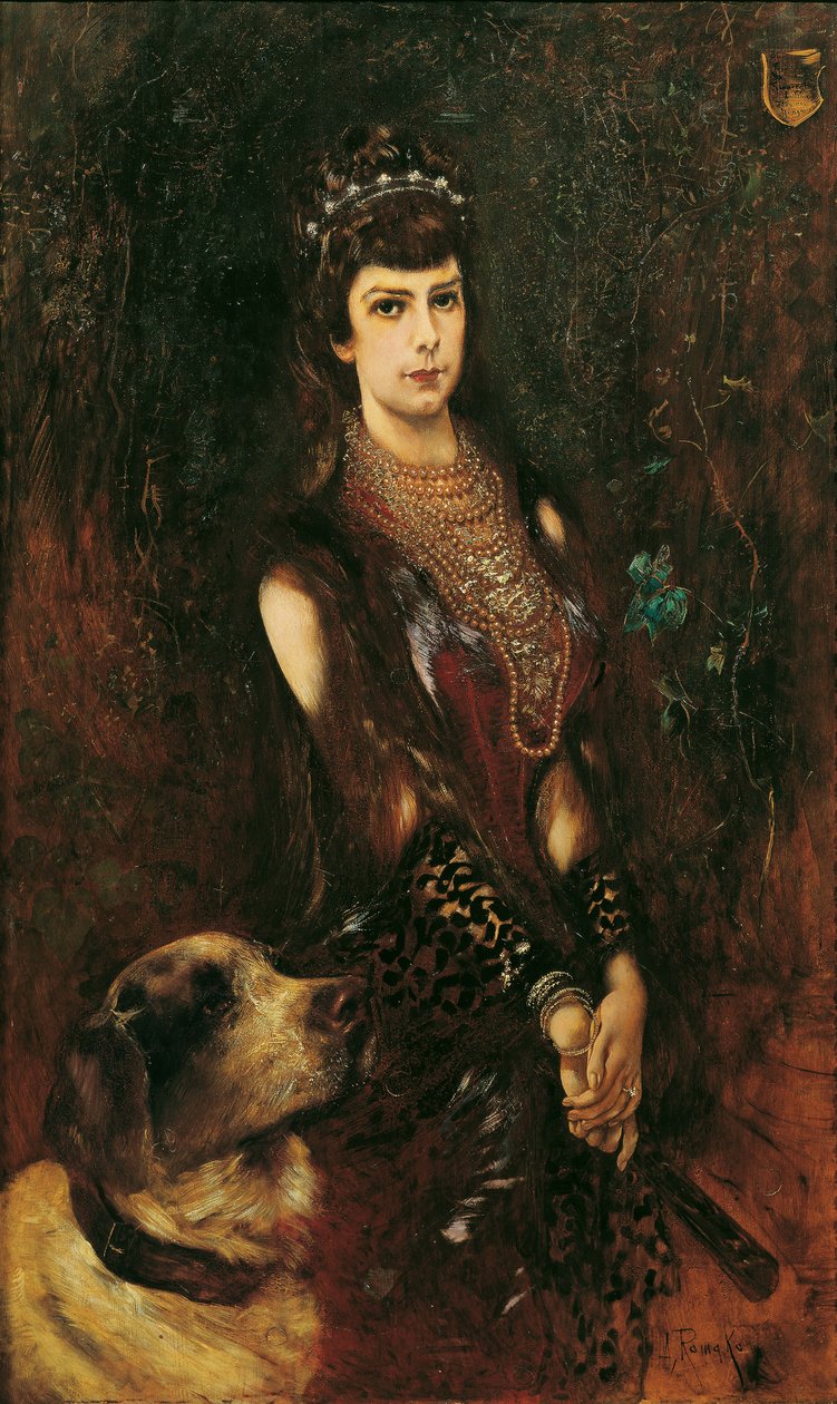 Retrato de Elisabeth da Baviera com o cão São Bernardo, 1883. de Anton Romako