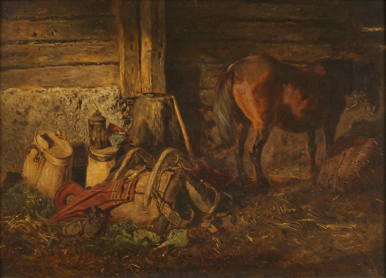 Interior do estábulo com cavalo de Anton Schrodl
