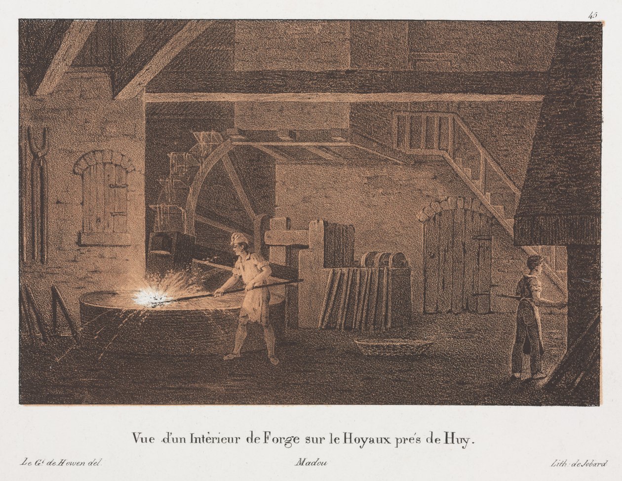 Interior de uma forja perto de Huy, Bélgica, gravada por Jean-Baptiste Jobard (1792-1861) (lito tingido) de Anton de after Howen