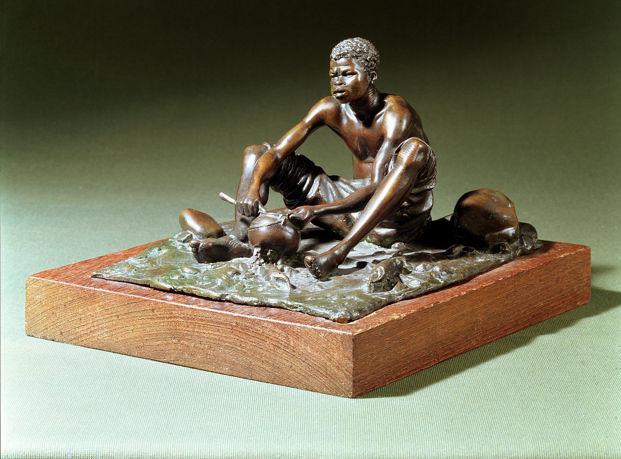 Homem Sentado com Pote de Cozinha (bronze sobre base de carvalho) de Anton van Wouw