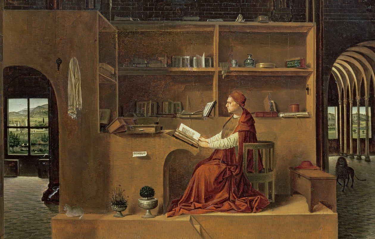 São Jerônimo em seu estudo, c.1475 (detalhe de 29420) de Antonello da Messina