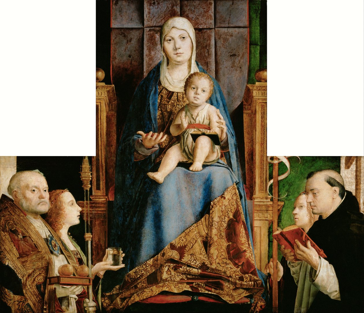 Alemão: Maria com o Menino e São Nicolau de Bari, Anastácia (), Úrsula, Domingos e (sobrepostos pela moldura) Helena Retábulo de São Cassiano de Antonello da Messina