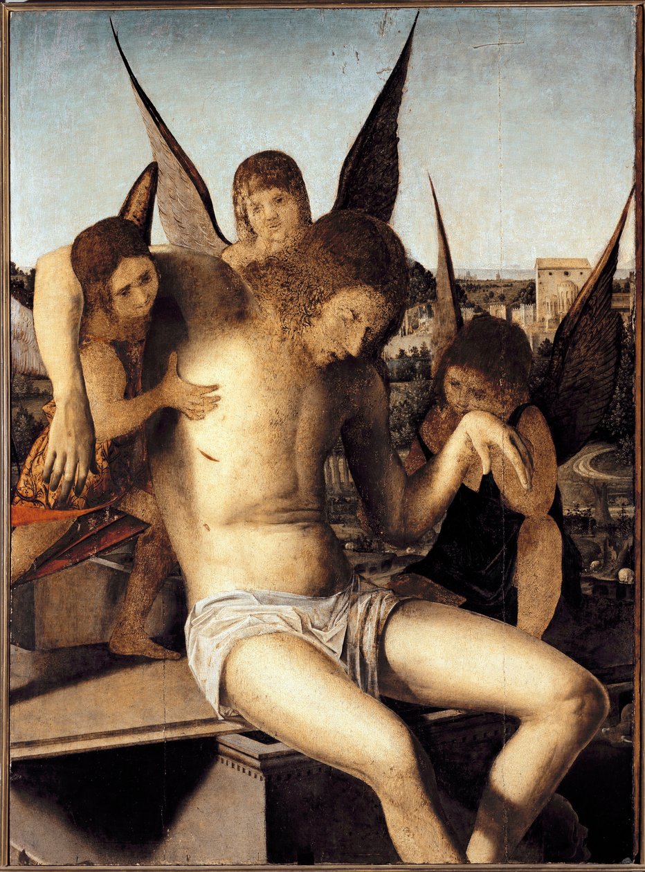 Pieta com três anjos O Cristo morto apoiado por três anjos no seu túmulo Pintura de Antonello di Antonio dit Antonello da Messina (1430-1479) 1475 Dim 145* 85 cm Veneza Museo Correr de Antonello da Messina