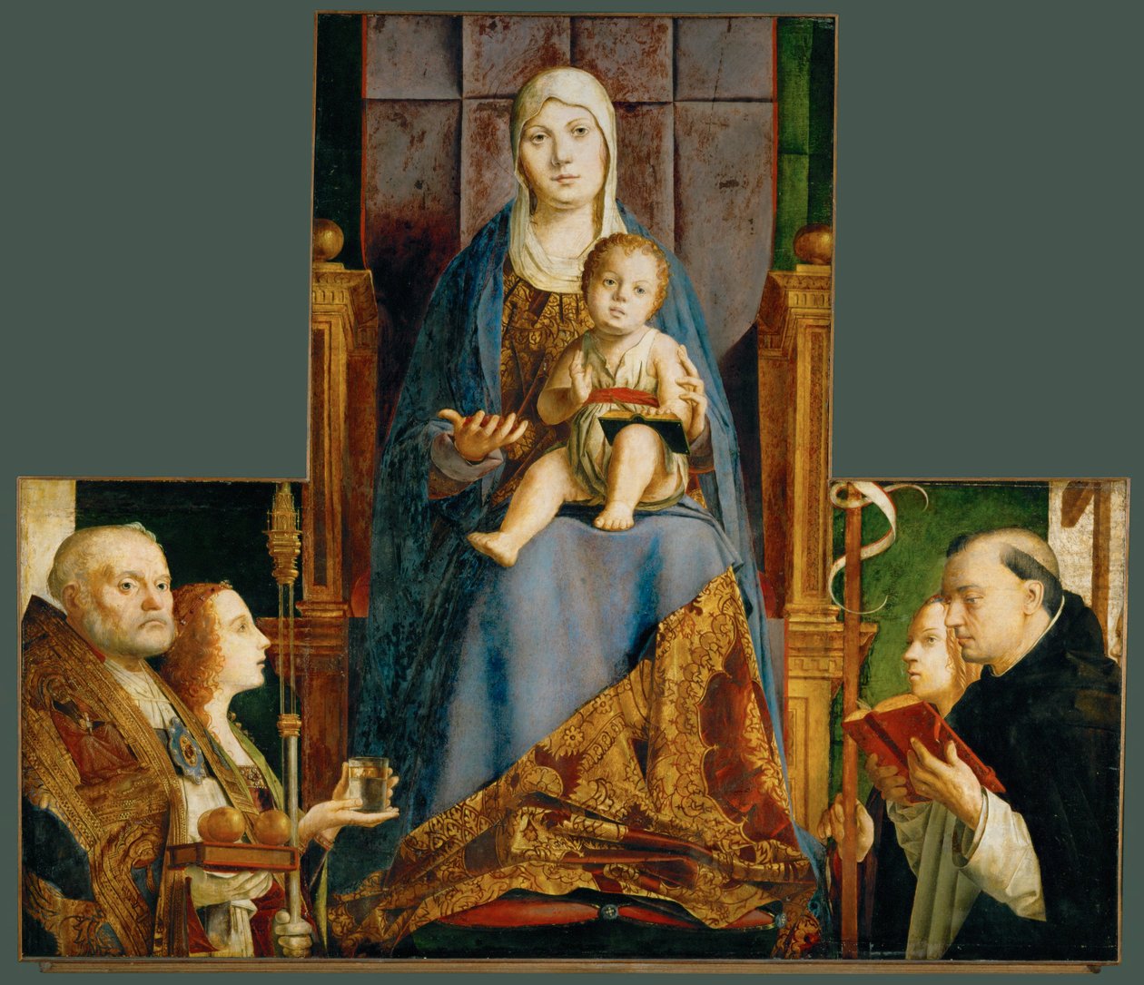 Santa Maria e o menino com os santos Nicolau de Bari, Anastácia, Úrsula, Domingos e Helena de Antonello da Messina