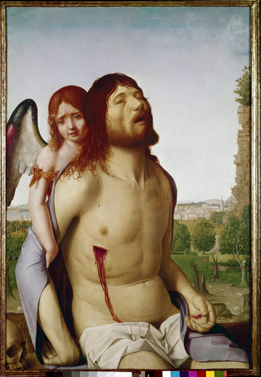 O Cristo morto apoiado por um anjo. (óleo sobre painel de Antonello da Messina