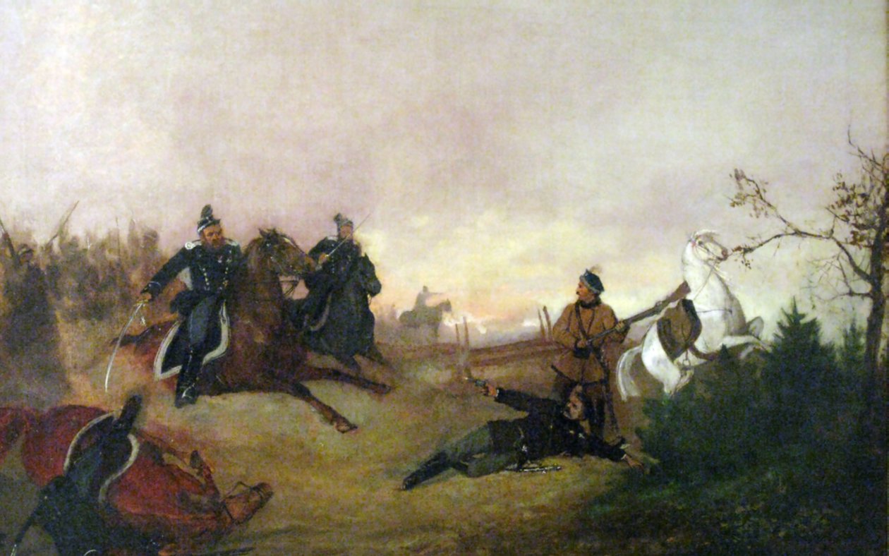 Morte de Dionísio Czachowski durante a batalha de Wierzchowiska em 1863. Polonês: Morte de Dionísio Czachowski na Batalha de Wierzchowiska em 1863.n de Maksymiljan Antoni Piotrowski