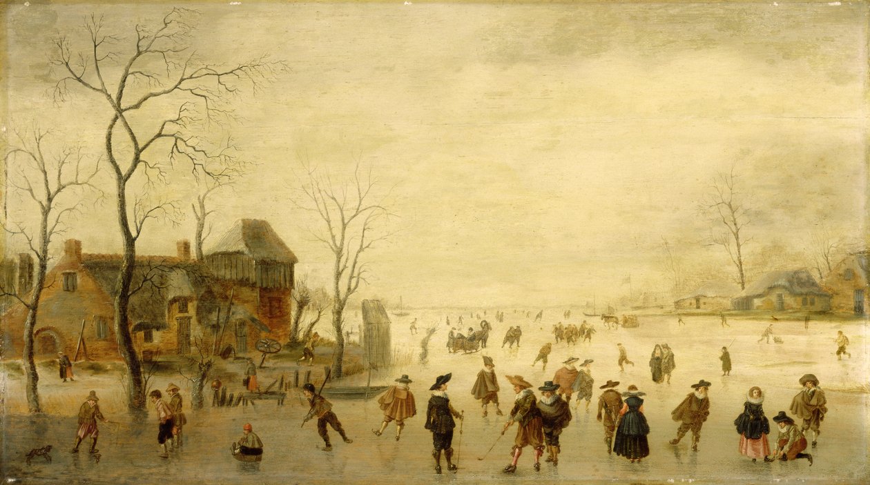 Paisagem de Inverno com Skaters, Jogadores de Golfe e Camponeses em Hidrovias Congeladas (óleo no painel) de Antoni  Verstralen