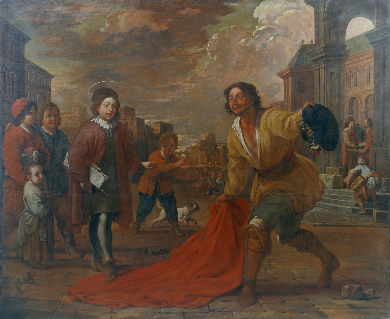 Um homem simples põe sua capa aos pés de São Francisco quando criança de Antoni Viladomat Y Manalt