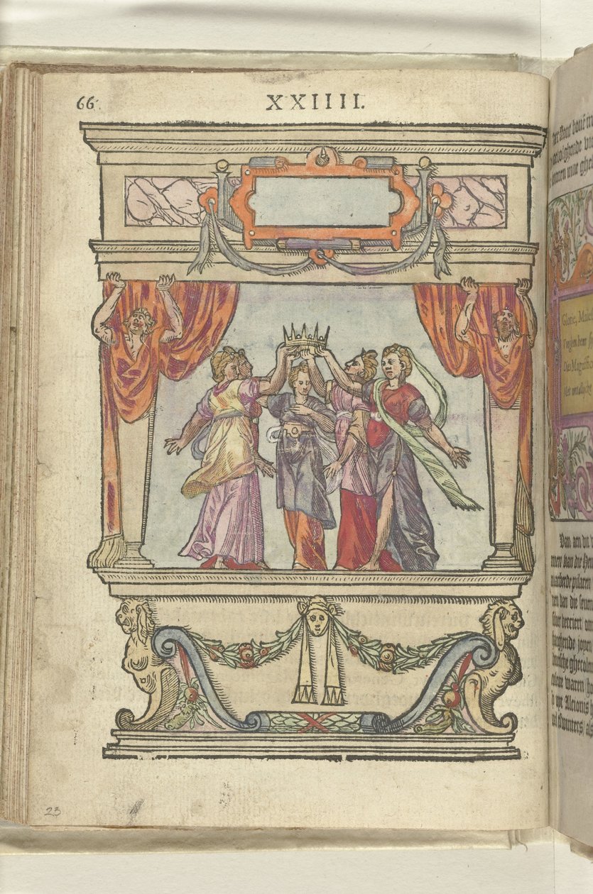 Estágio em que as personificações da Glória, Majestade, Generosidade, Magnificência e Modéstia juntas seguram uma coroa, 1578 de Antoni van Leest