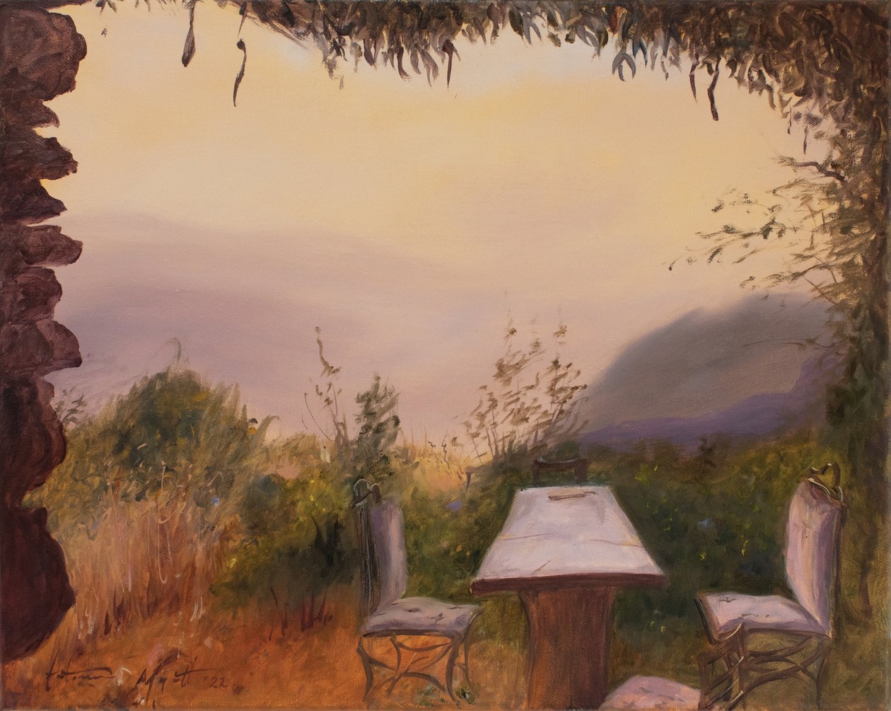Vista do castelo, Serra Nevada, Espanha, 2022 (óleo sobre tela) de Antonia Myatt