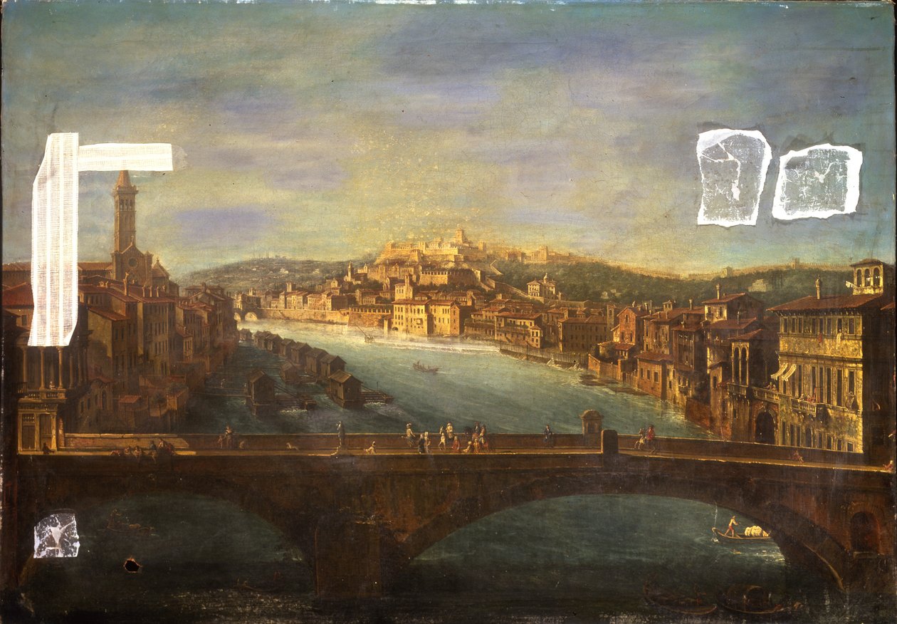 Vista de Verona com a Igreja de S. Anastasia, o Castel San Pietro, o Castel San Felice e a Ponte Nuovo sobre o rio Adige, 1735 de Antonio de dipi Joli