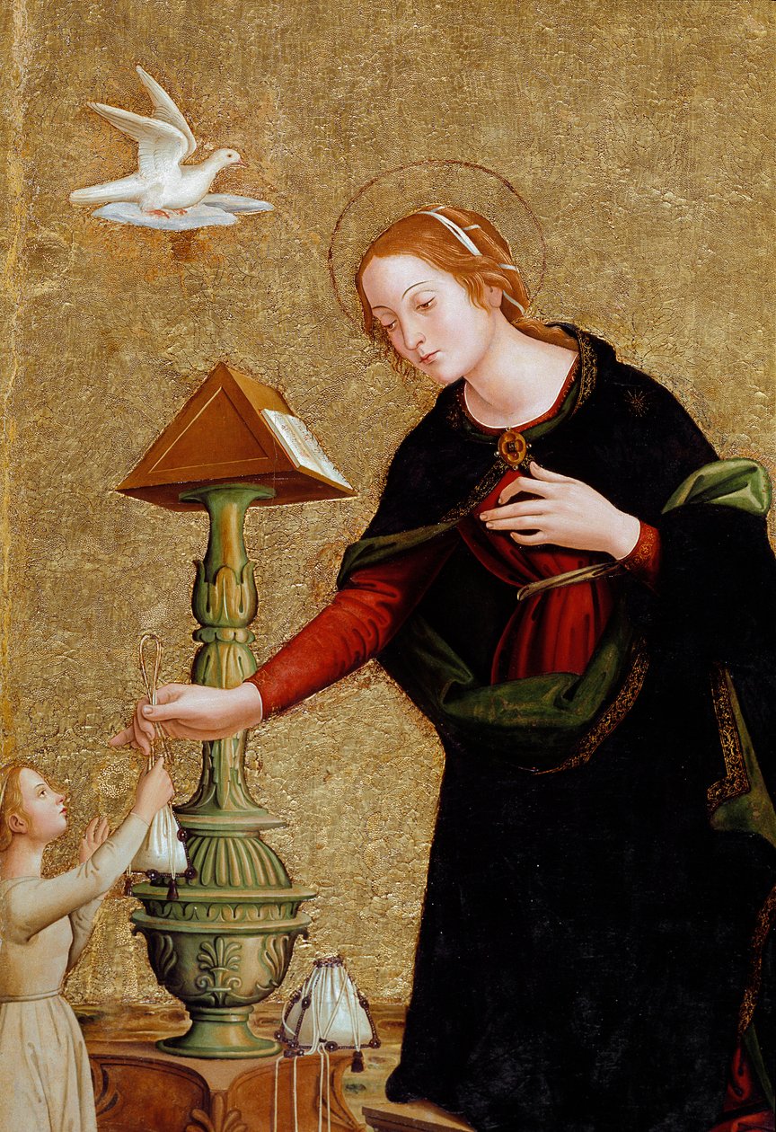 Detalhe da Virgem, de Anunciação com o cardeal Juan de Torquemada (pintura, c.1460) de Antoniazzo Romano