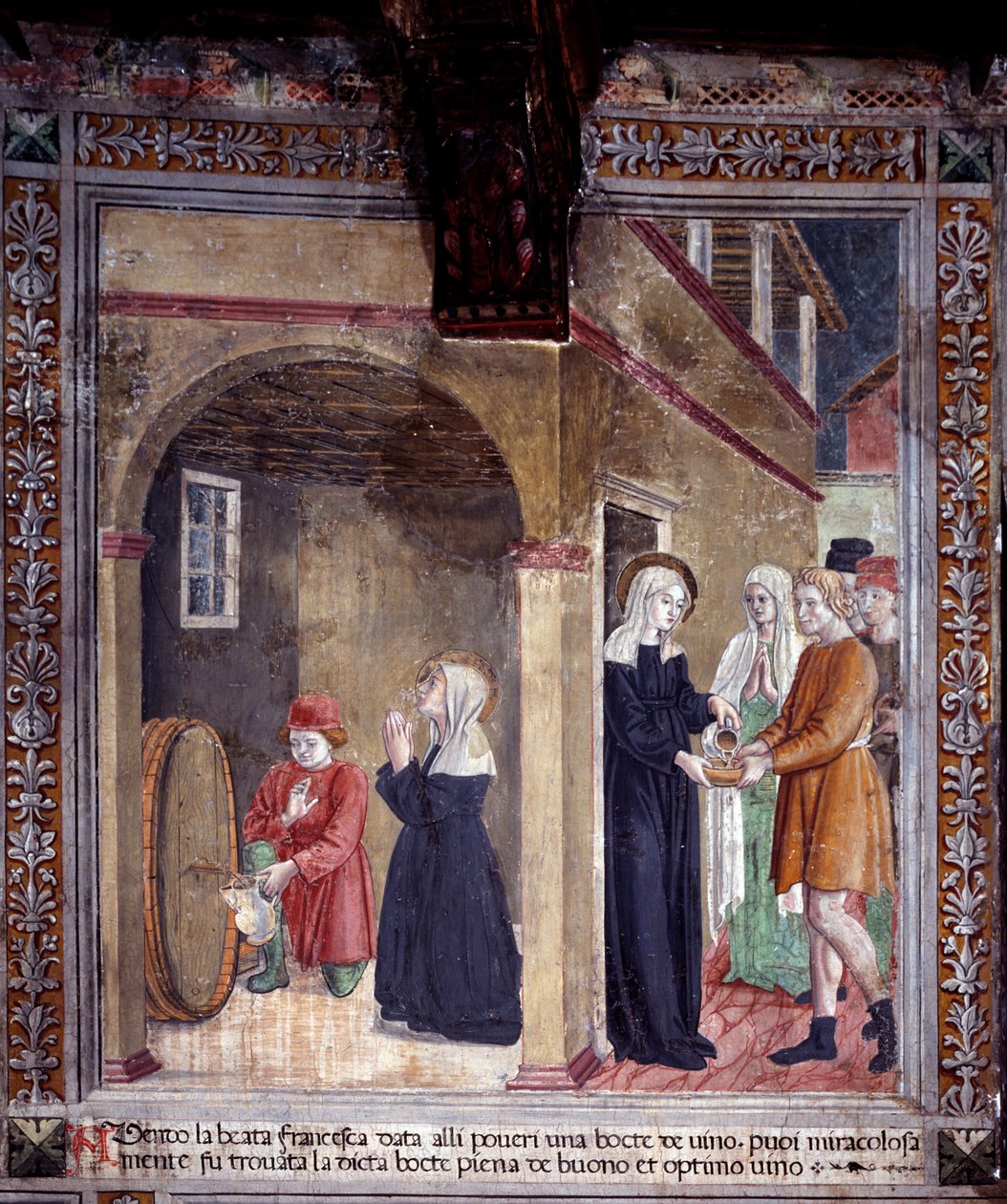 Vida de Santa Francisca Romana : Um barril de vinho usado pela santa para os pobres é encontrado milagrosamente cheio (Fresco de Antoniazzo Romano
