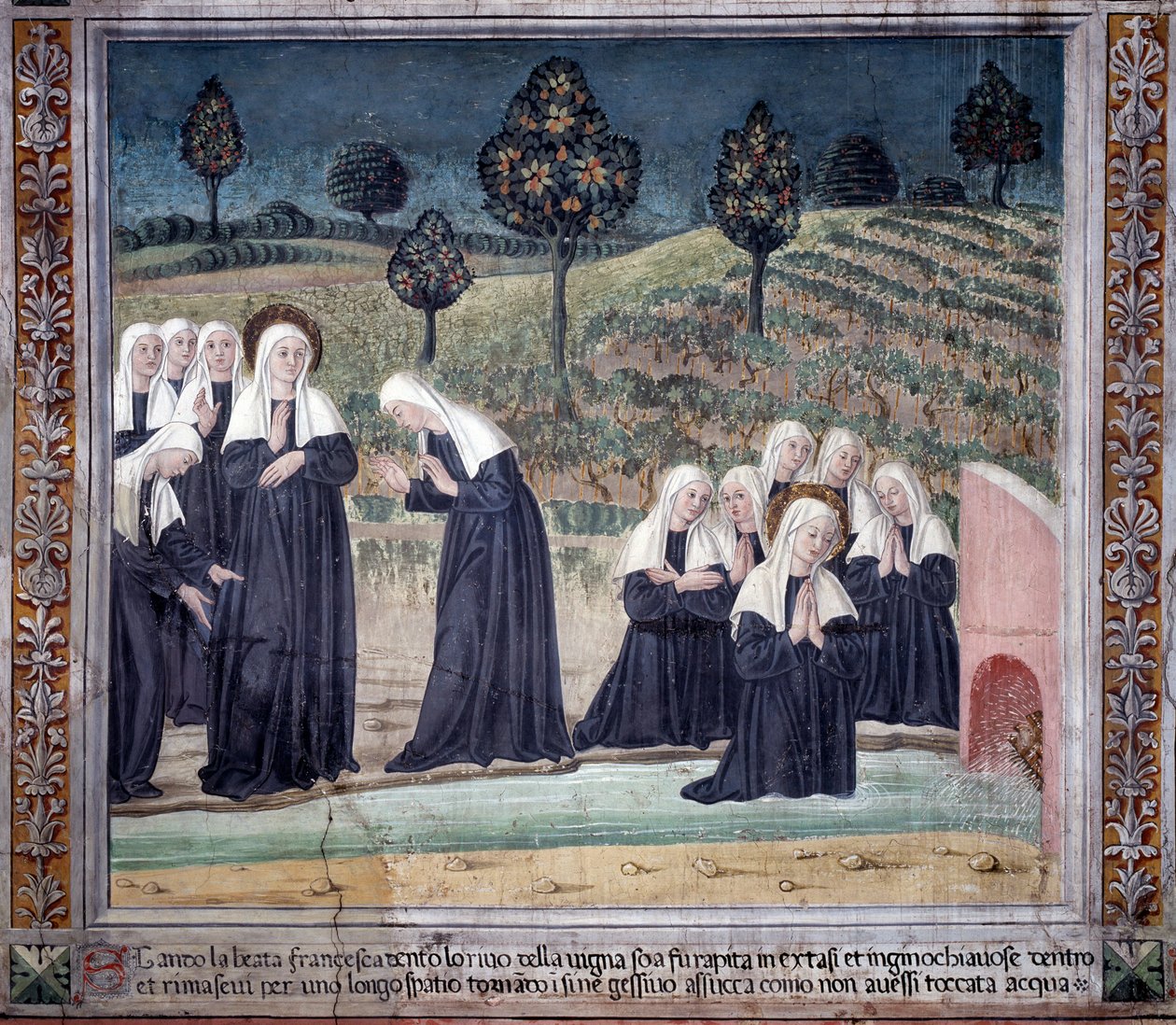 Vida de Santa Francisca Romana : Ao regressar da Basílica de São Paulo, a santa foi apanhada em êxtase, num riacho mas ergueu-se perfeitamente seca (Fresco de Antoniazzo Romano