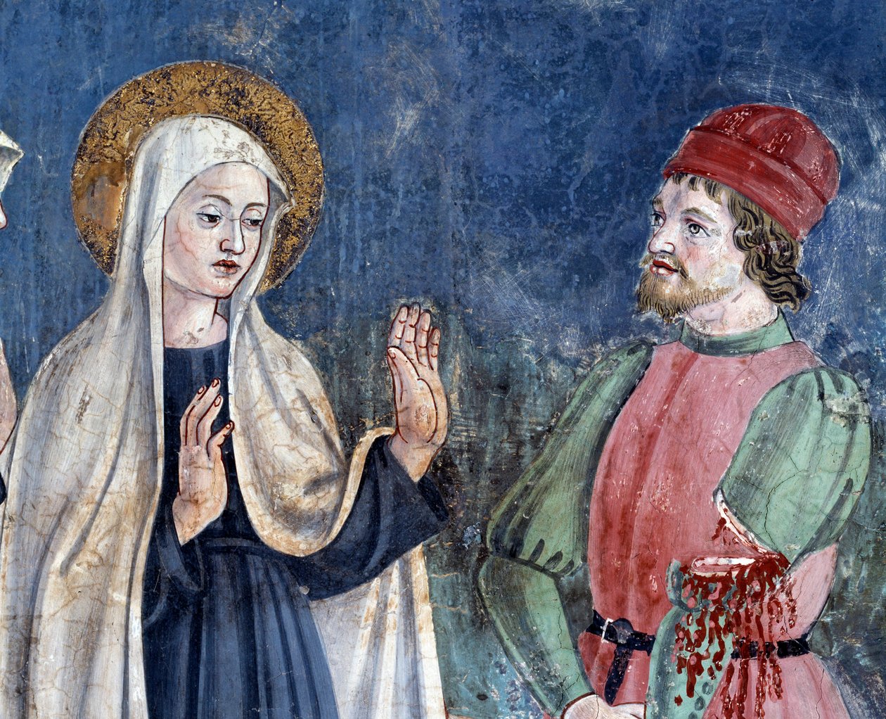 Vida de Santa Francesca Romana: No seu regresso de São João de Latrão, a santa cura um homem com um braço cortado, detalhe (Fresco de Antoniazzo Romano