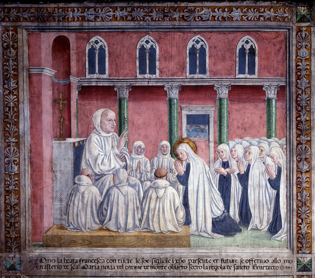 Vida de Santa Francisca Romana : A santa e os oblatos se oferecem à ordem beneditina e se estabelecem na igreja de Santa Maria Nova, Roma (Fresco de Antoniazzo Romano