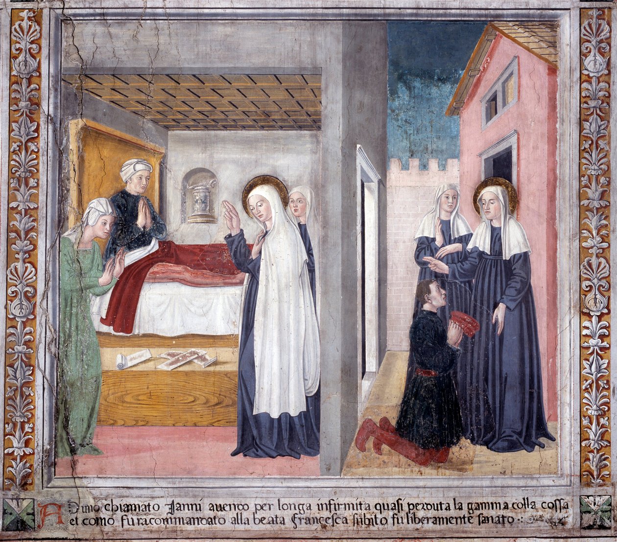 Vida de Santa Francisca Romana : A santa cura um homem que perdeu a perna (Fresco de Antoniazzo Romano