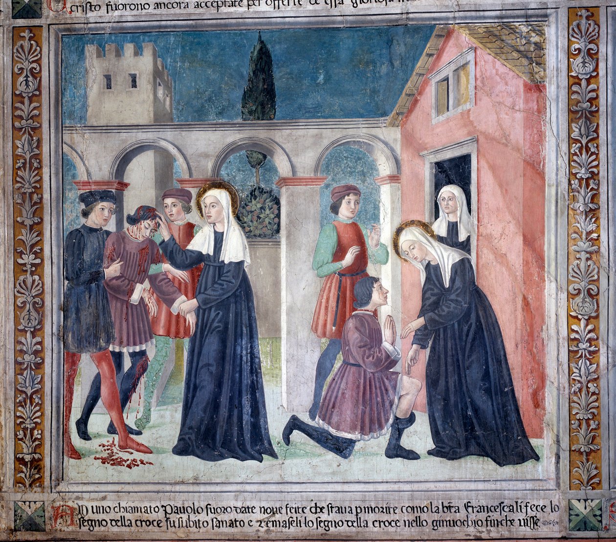 Vida de Santa Francisca Romana : A santa cura um homem ferido (Fresco de Antoniazzo Romano