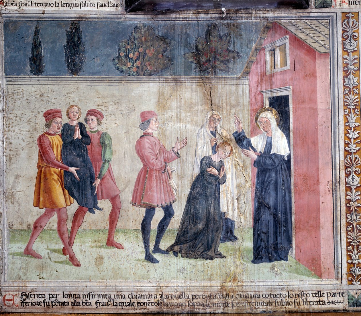 Vida de Santa Francisca Romana : A santa conhece uma mulher paralítica chamada Jacobella e promete curá-la (Fresco de Antoniazzo Romano