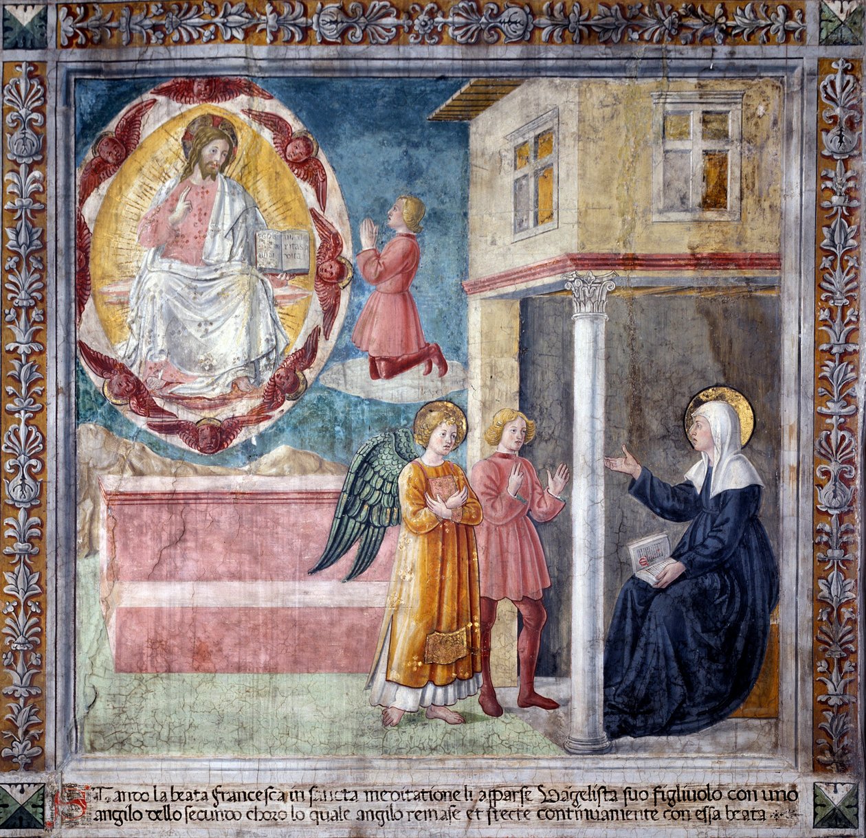 Vida de Santa Francisca Romana : O filho da santa, morto pela peste bubônica, aparece a ela com um anjo (Fresco de Antoniazzo Romano